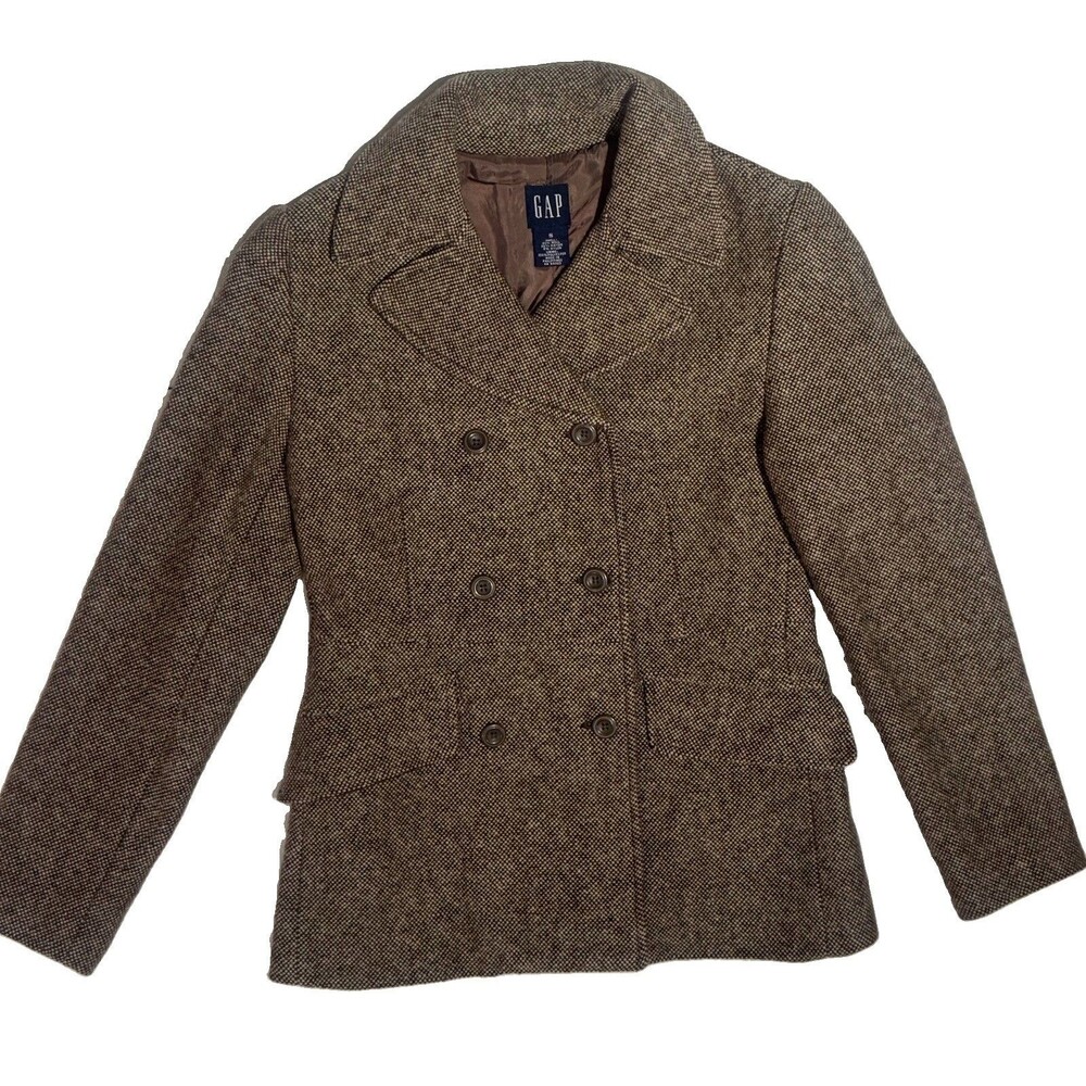 Vintage Y2K GAP Tweed Peacoat Jacket Womens SM Brown Double Breasted Coat Wool